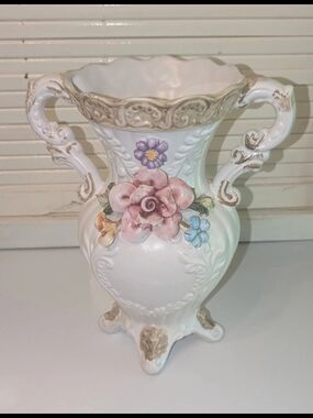 Capodimonte White Floral Embossed Two-Handle Decorative Vase